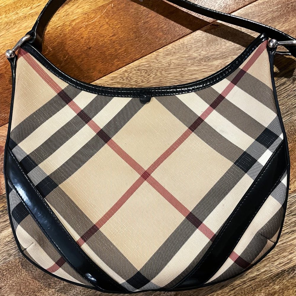BURBERRY Black & Beige Nova Check Coated Canvas Hobo - Picture 2 of 7